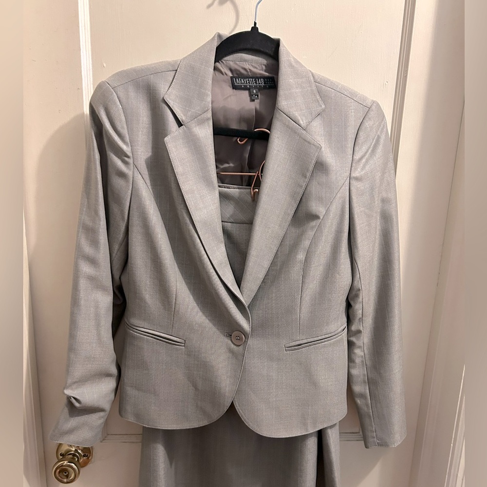 Lafayette 148 skirt suit set 8 petite. Gray with light‎ blue pinstripes